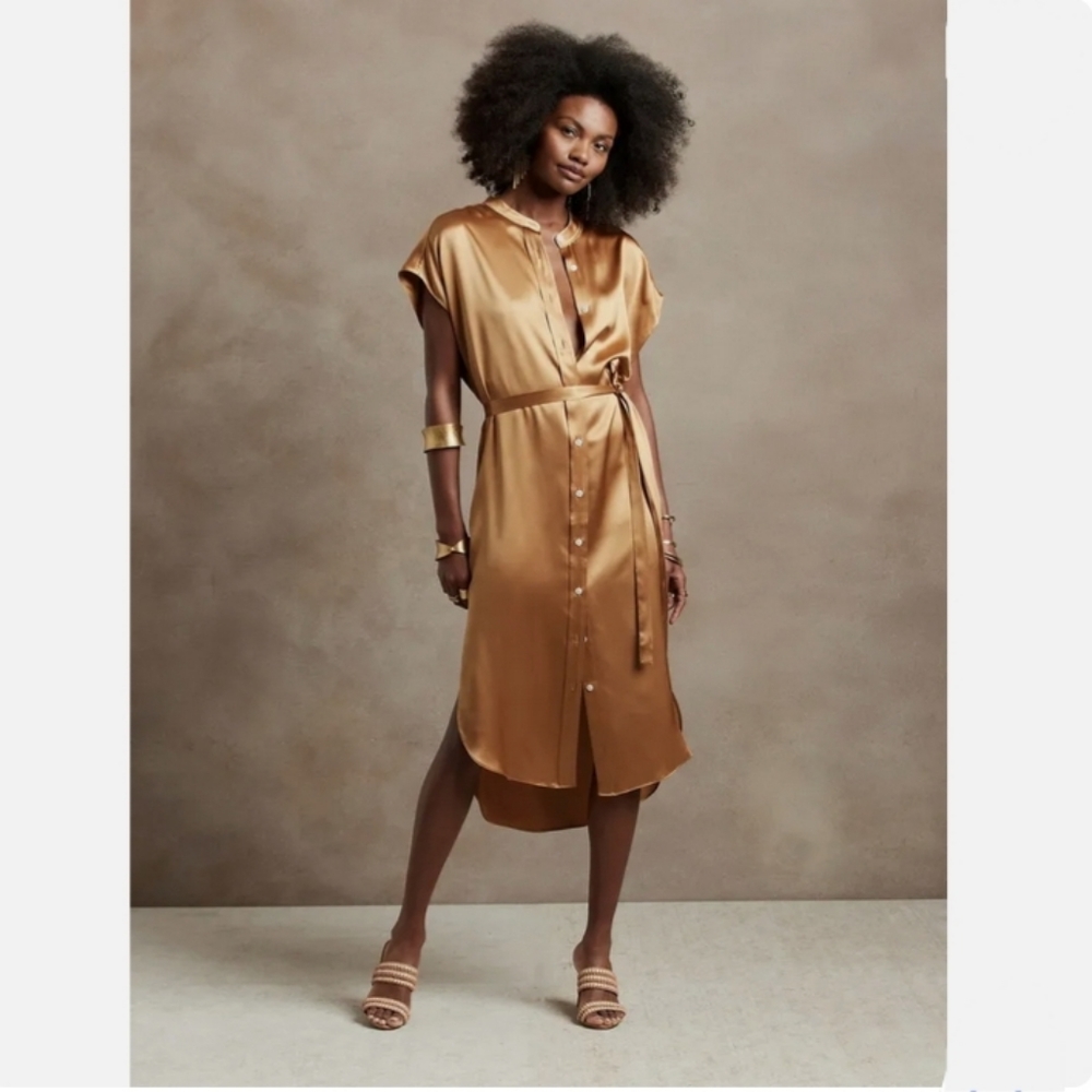 🌸 NWT Banana Republic Serenade Silk Shirt Midi Dress Gold 100% Silk XS